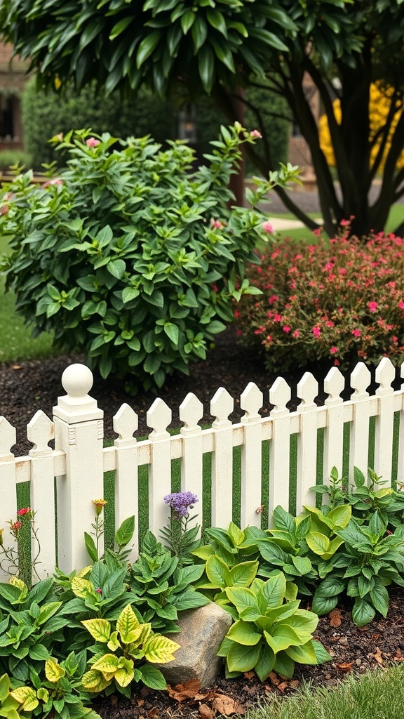 A white picket fence surrounding a colorful garden with various plants and flowers.