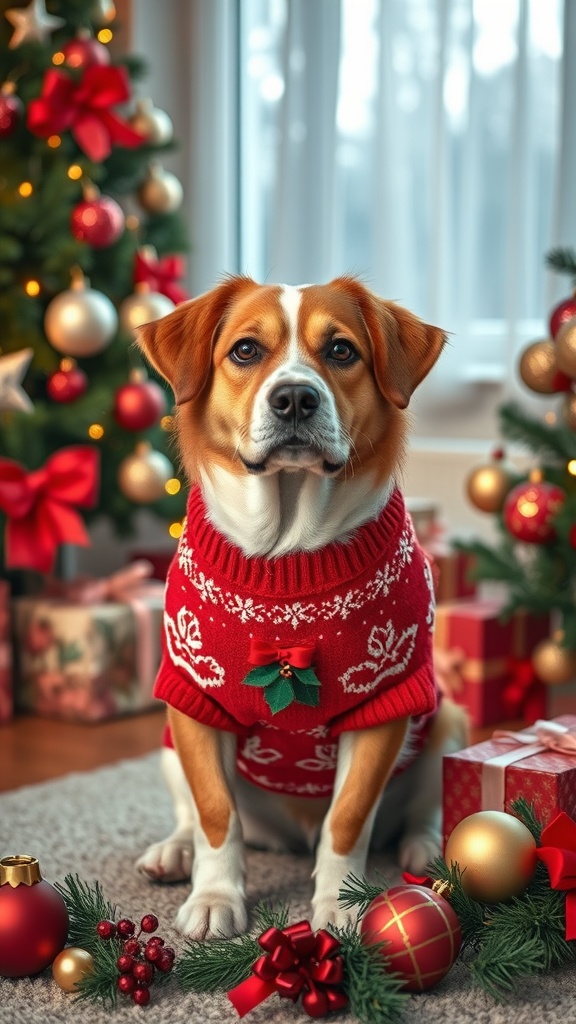 A dog wearing a festive red holiday sweater, sitting by a decorated Christmas tree with gifts and ornaments.