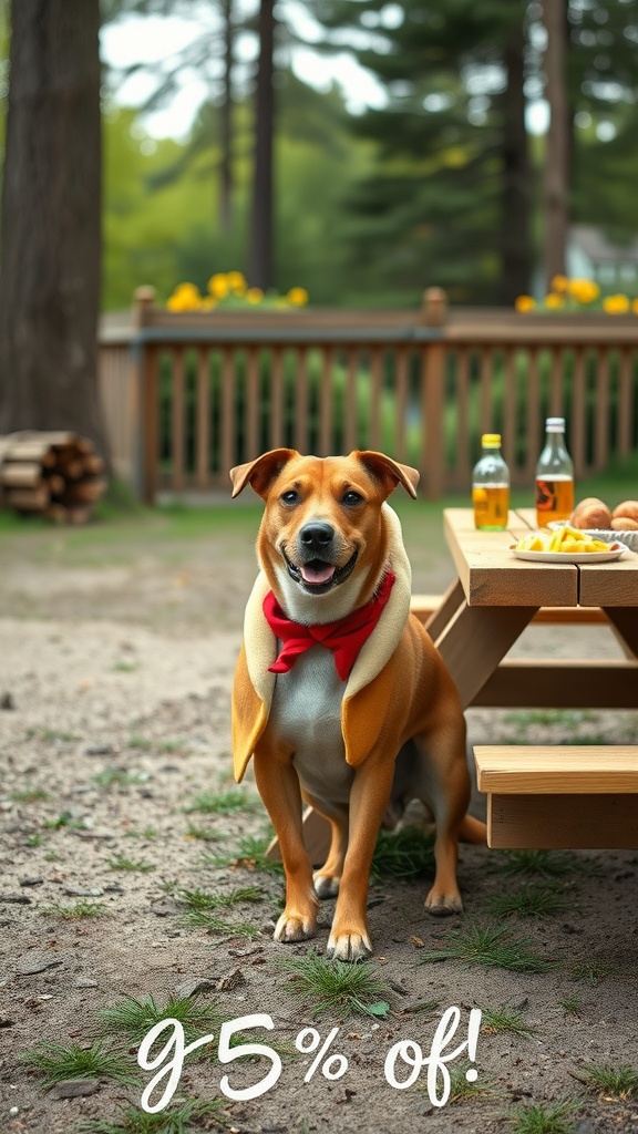 A dog wearing a hot dog costume with a red scarf, sitting in a park setting.