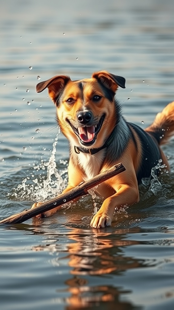 A happy dog running through water with a stick in its mouth, splashing water around.