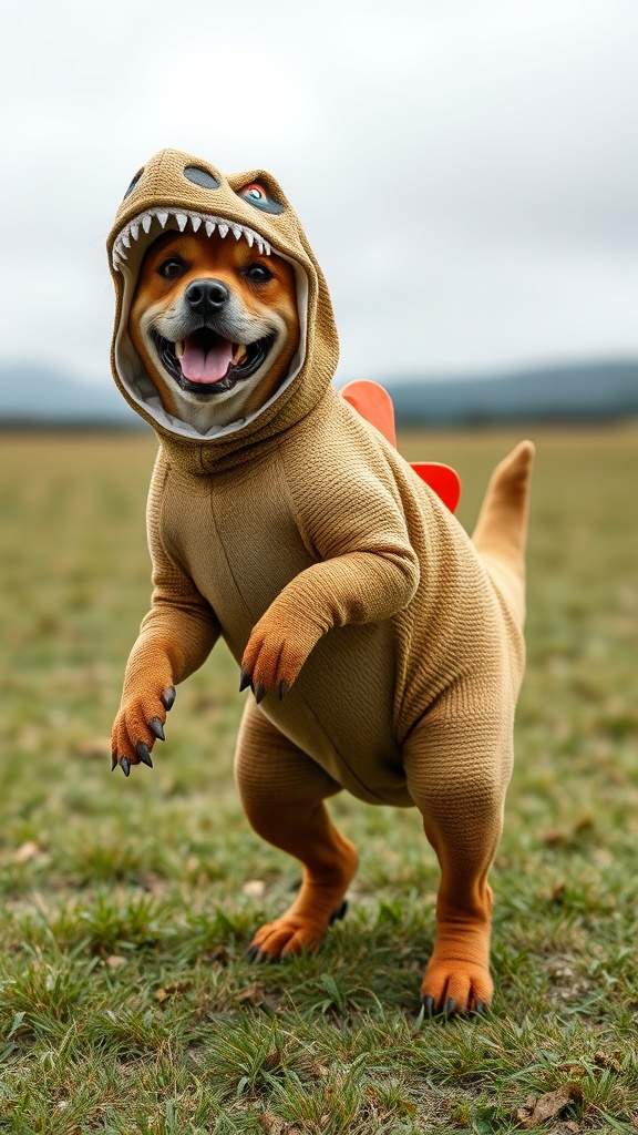 A dog wearing a dinosaur costume, smiling and standing on grass.
