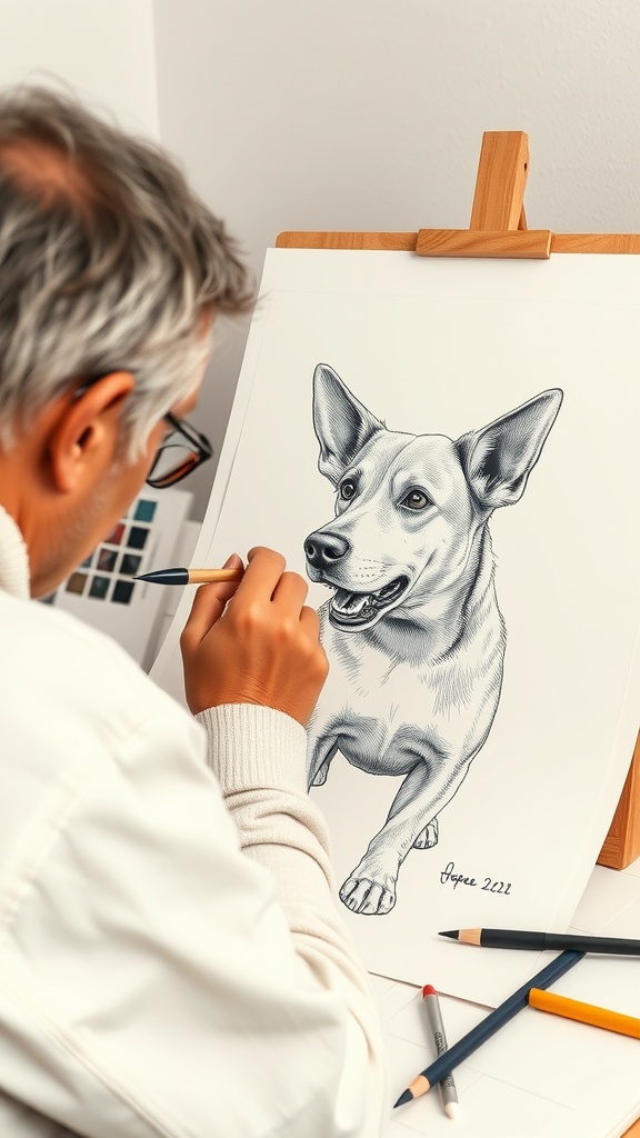 An artist finalizing a detailed drawing of a dog, focusing on the dog's features with colored pencils.