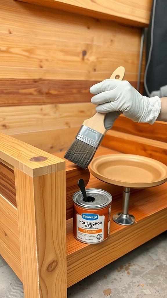 A person staining a wooden dog bed with a brush, while a dog relaxes nearby.