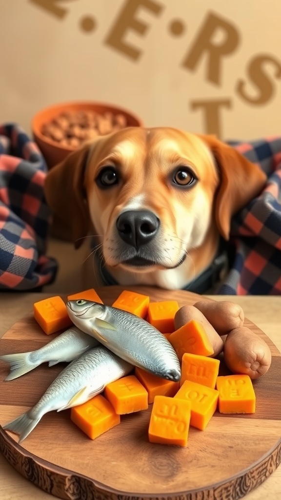 A dog looking at a wooden platter with fish and sweet potato snacks.