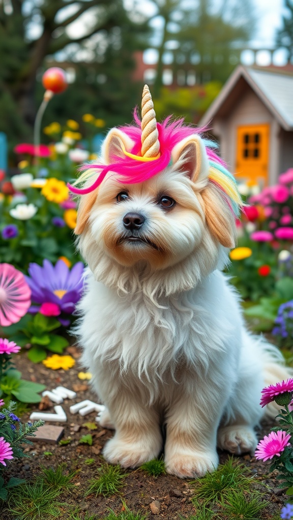 A fluffy dog wearing a unicorn costume with a colorful mane and horn, surrounded by flowers.
