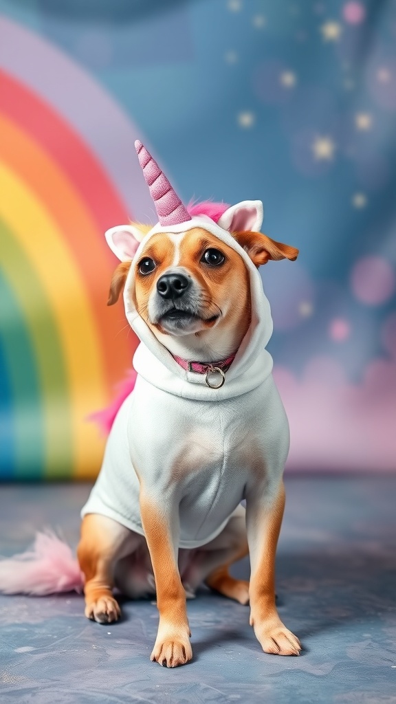 A dog dressed as a unicorn with a rainbow background.