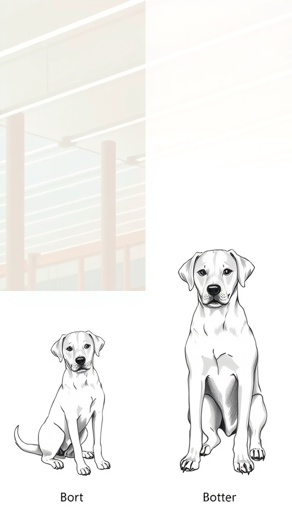 Two illustrations of dogs, Bort and Botter, showcasing different proportions and poses.