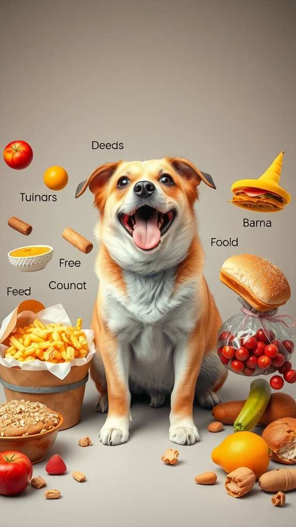 A happy dog surrounded by various food items, including fruits, snacks, and a burger, representing food-inspired male dog names.