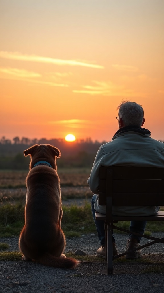 A person and a dog sitting together watching a sunset.
