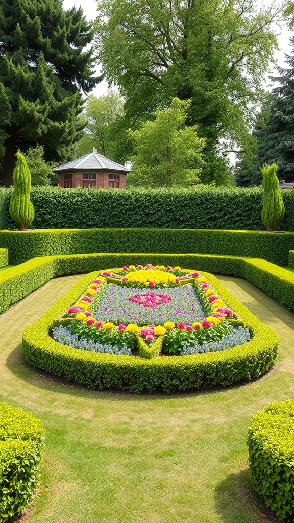 A formal garden flower bed with colorful flowers surrounded by neatly trimmed hedges.