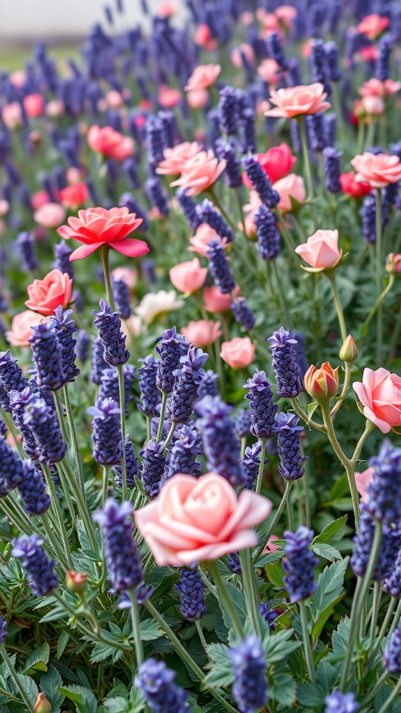 A vibrant flower bed featuring pink roses and purple lavender, creating a colorful and fragrant display.