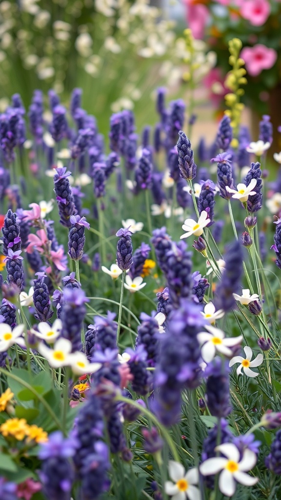 A vibrant flower bed featuring purple lavender and white daisies, creating a fragrant corner in a garden.