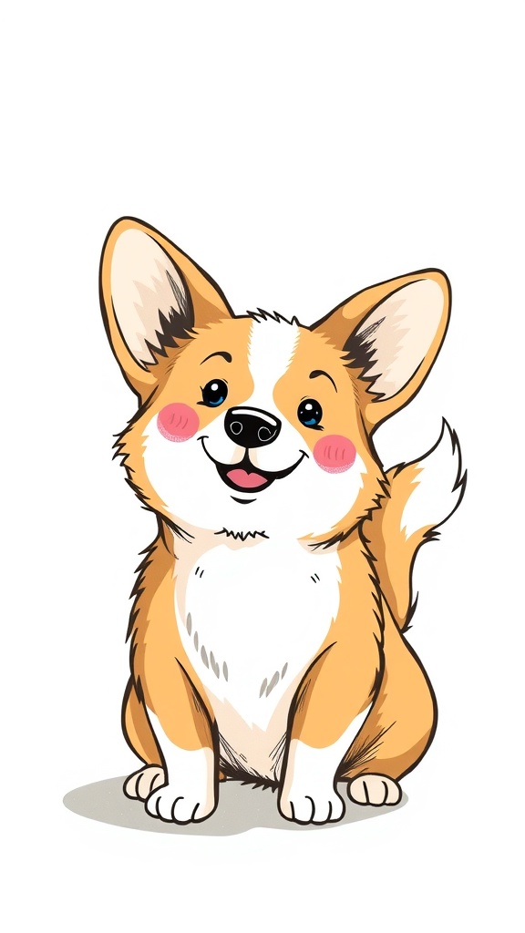 A cute cartoon corgi with a big smile and a wagging tail, sitting happily.