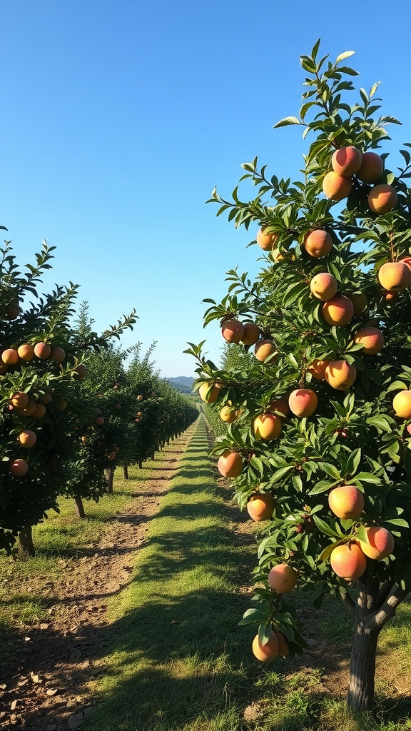 Rows of apple trees in an orchard with ripe apples and a clear blue sky.