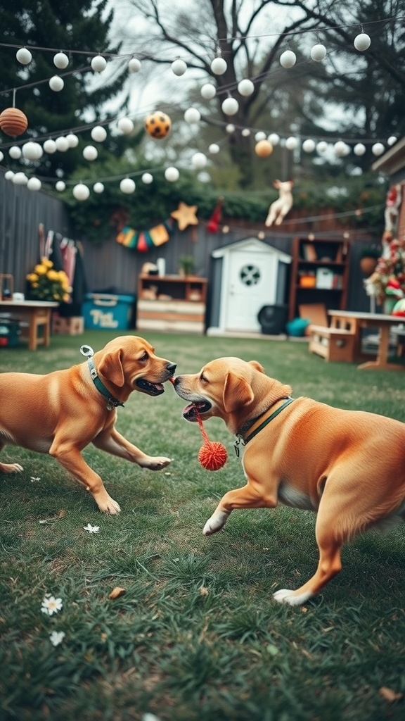 Two dogs playing tug-of-war with a toy in a decorated backyard.
