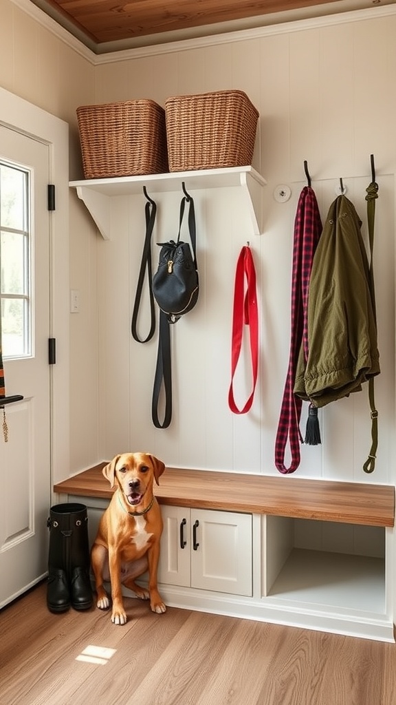 A cozy mudroom with a dog sitting on the floor, featuring a wooden bench, hooks for leashes, and storage baskets.