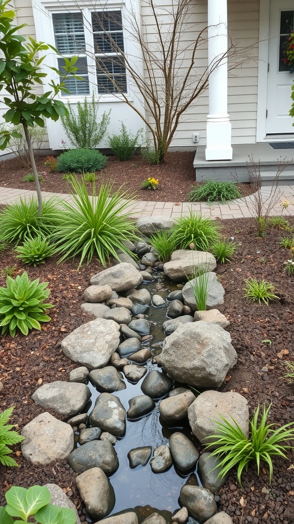 A rain garden featuring a stream of water flowing through smooth stones, surrounded by lush green plants.