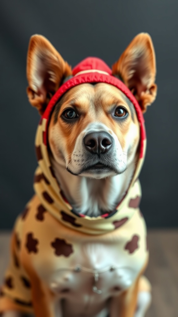 A dog wearing a funny outfit with a serious expression, perfect for a humorous name.
