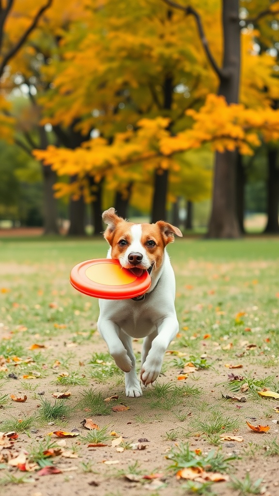 A dog running with a frisbee in its mouth in a park with autumn leaves.