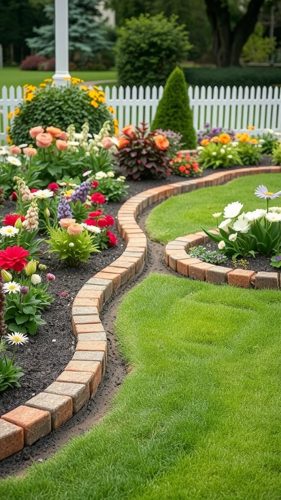A garden with curved brick edging, colorful flowers, and a green lawn.