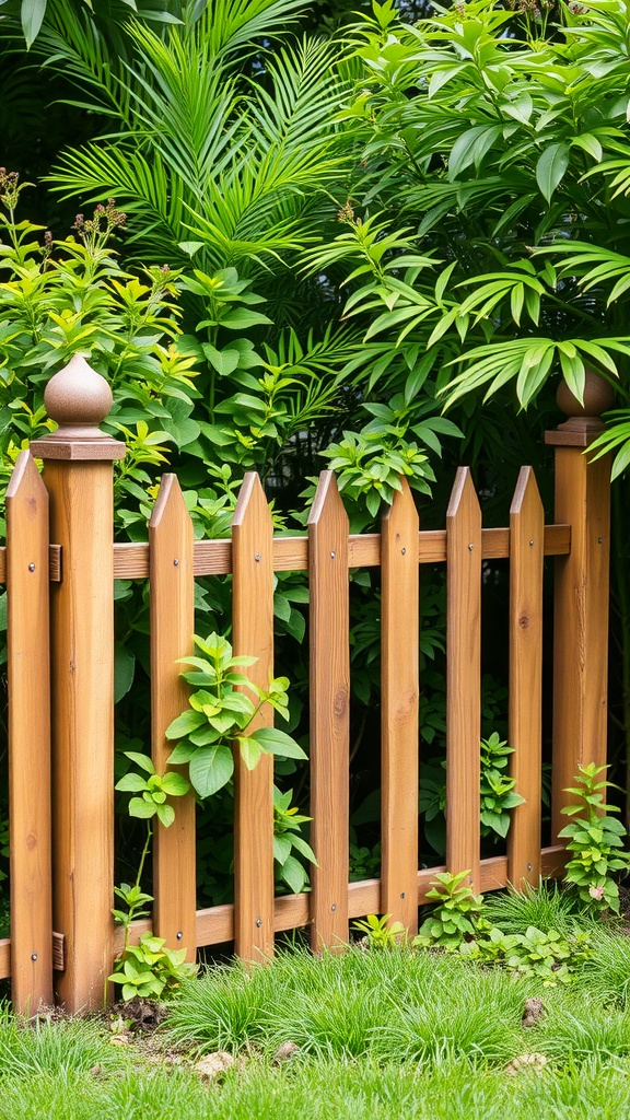 A wooden picket fence surrounded by lush green plants