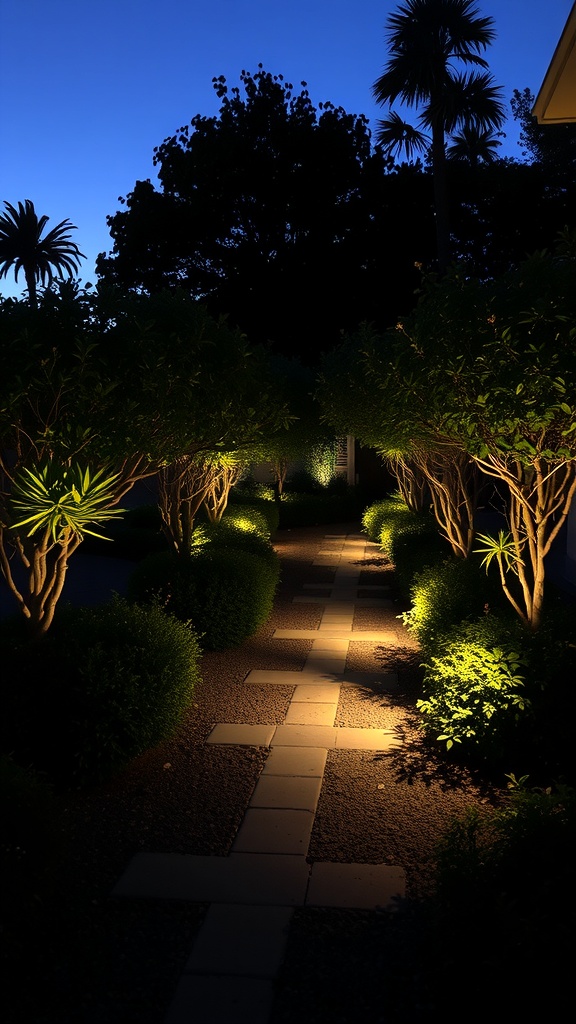 A beautifully lit garden pathway at dusk, surrounded by lush greenery and illuminated plants.