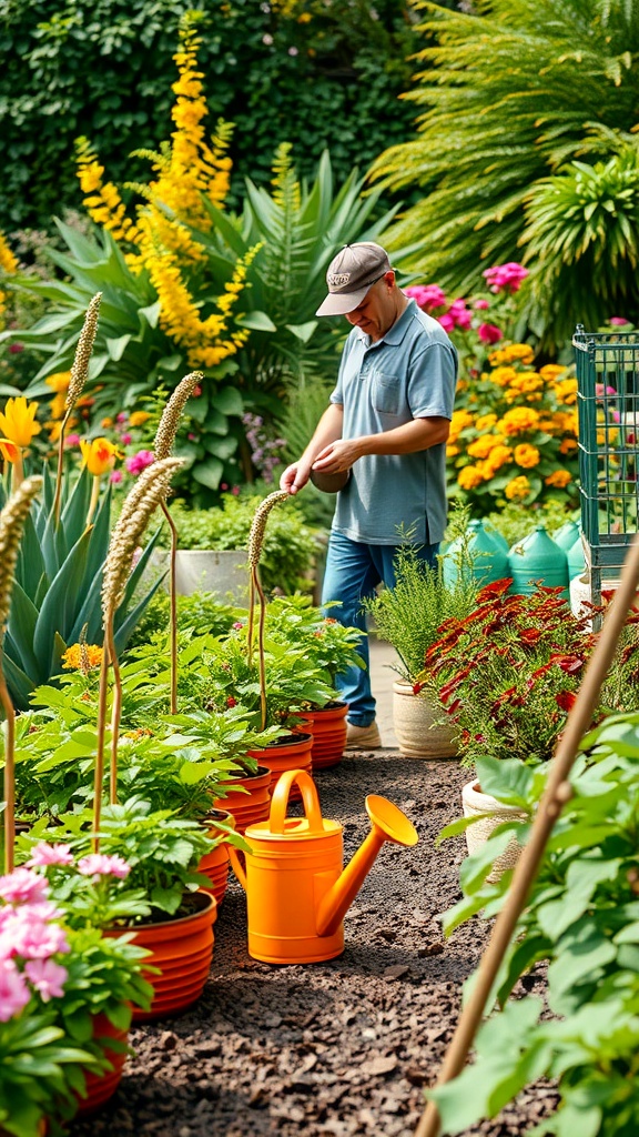 A person watering plants in a colorful garden with various flowers and greenery.