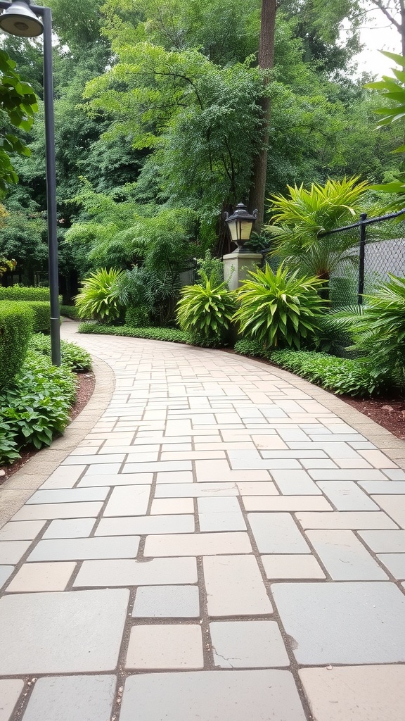 A winding garden pathway made of smooth stones, surrounded by lush greenery and plants.