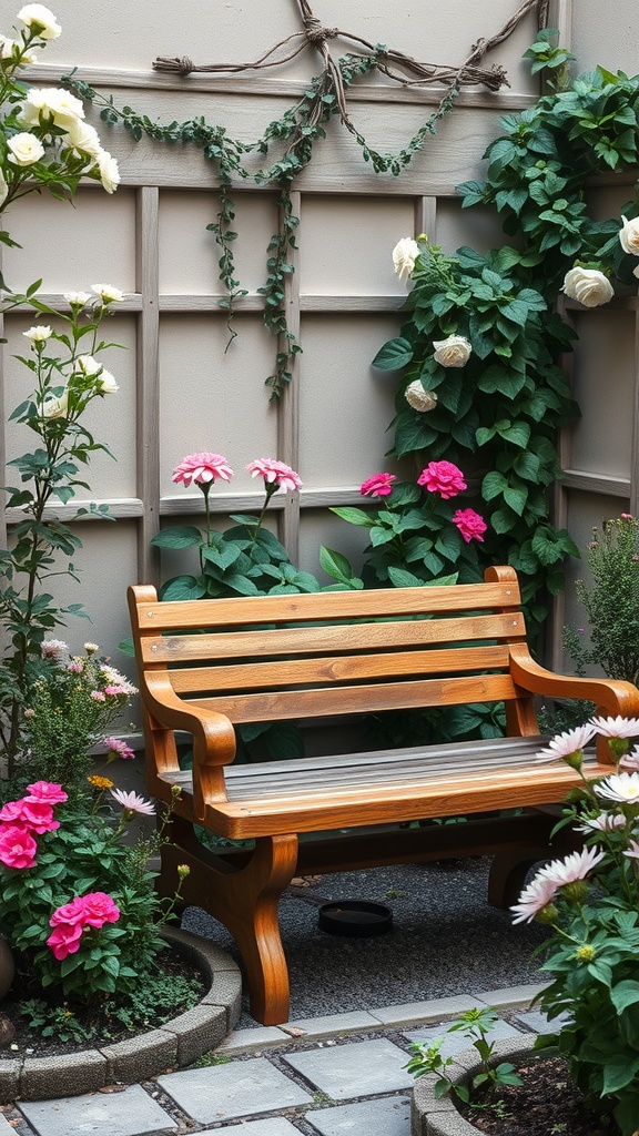 A wooden bench surrounded by colorful flowers in a garden setting.