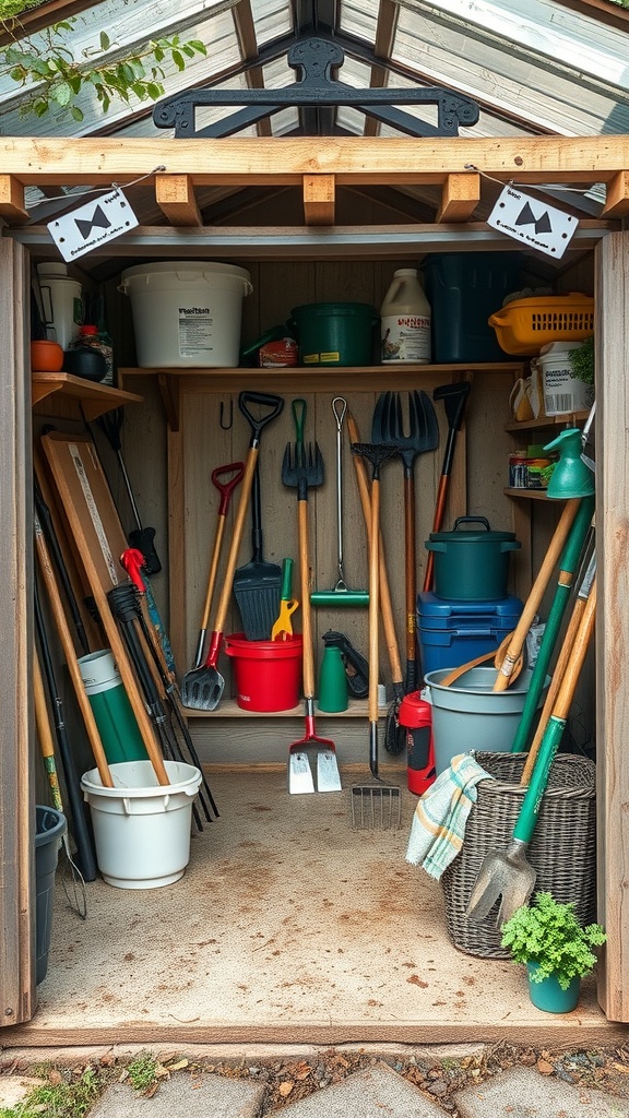 A well-organized garden shed with various tools and containers neatly arranged.