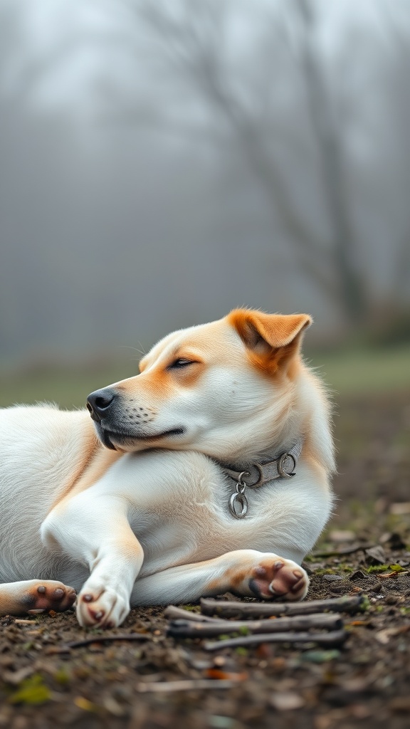 A calm male dog resting peacefully in a serene outdoor setting.