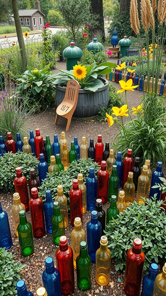 Colorful glass bottles used as lawn edging in a garden