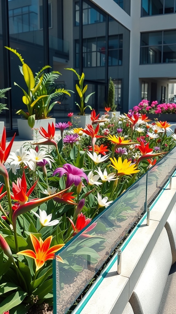 A vibrant flower bed with glass edging, showcasing various colorful flowers in a modern setting.