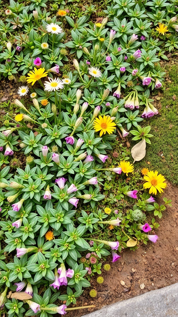A vibrant flower bed with a mix of yellow daisies and pink flowers, showcasing ground cover flowers.
