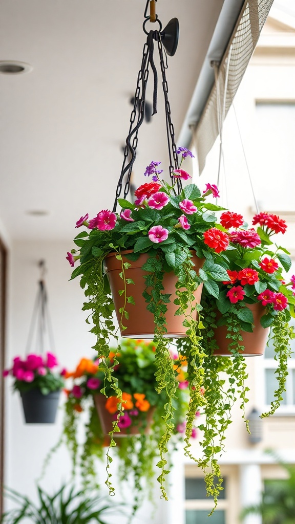 Colorful hanging planters with flowers on a balcony