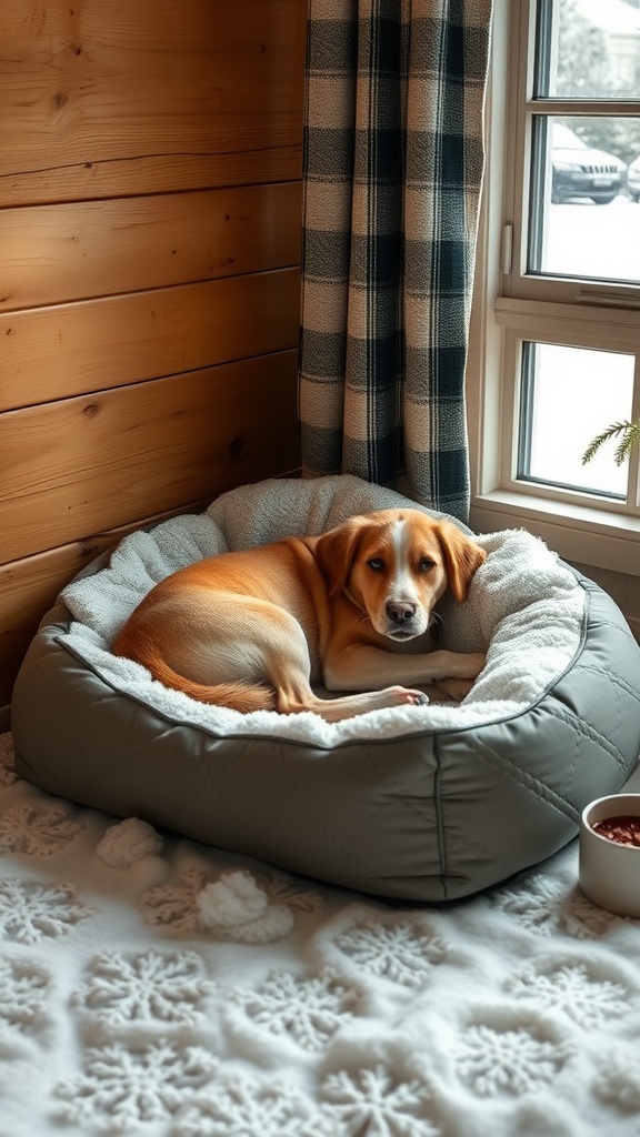A dog resting comfortably in a heated bed by a window with snow outside.