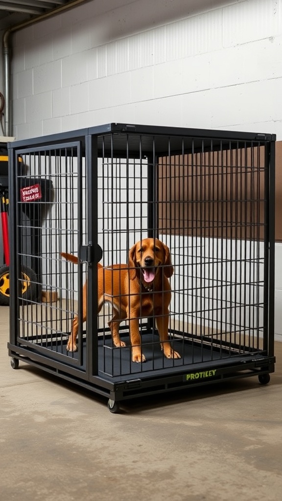 A heavy-duty metal dog crate with a happy dog inside, showcasing its sturdy design.
