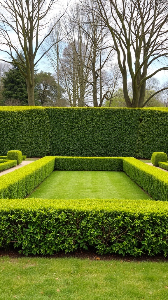 A beautifully manicured garden with hedge plant borders surrounding a green lawn.