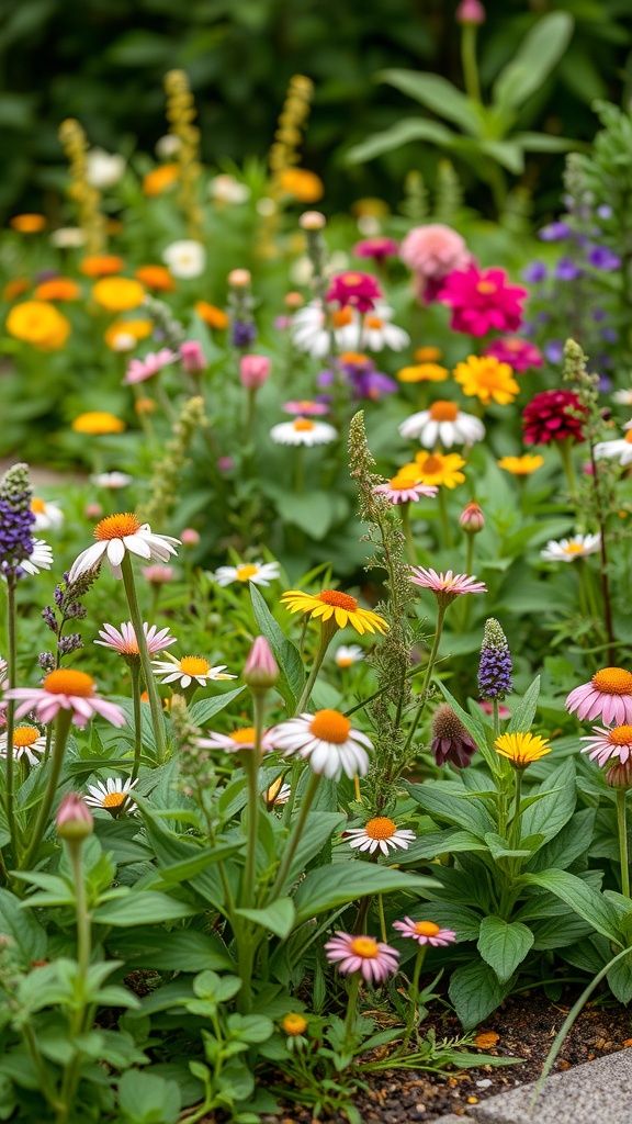 A colorful flower bed featuring a variety of flowers, including daisies, marigolds, and lavender, with lush green foliage.