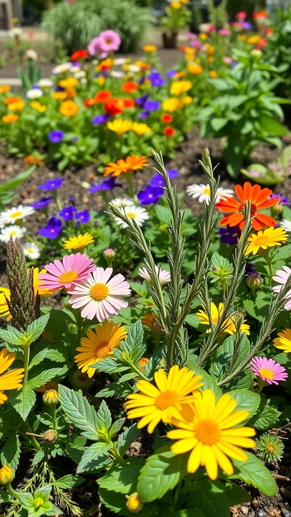 A vibrant flower bed featuring a mix of colorful flowers and lush green herbs.