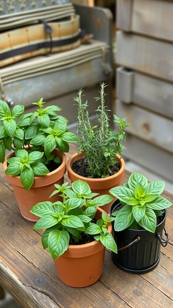 A collection of herb plants in pots on a wooden table, including basil and rosemary.
