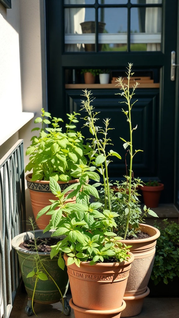 Potted herbs on a balcony with a door in the background