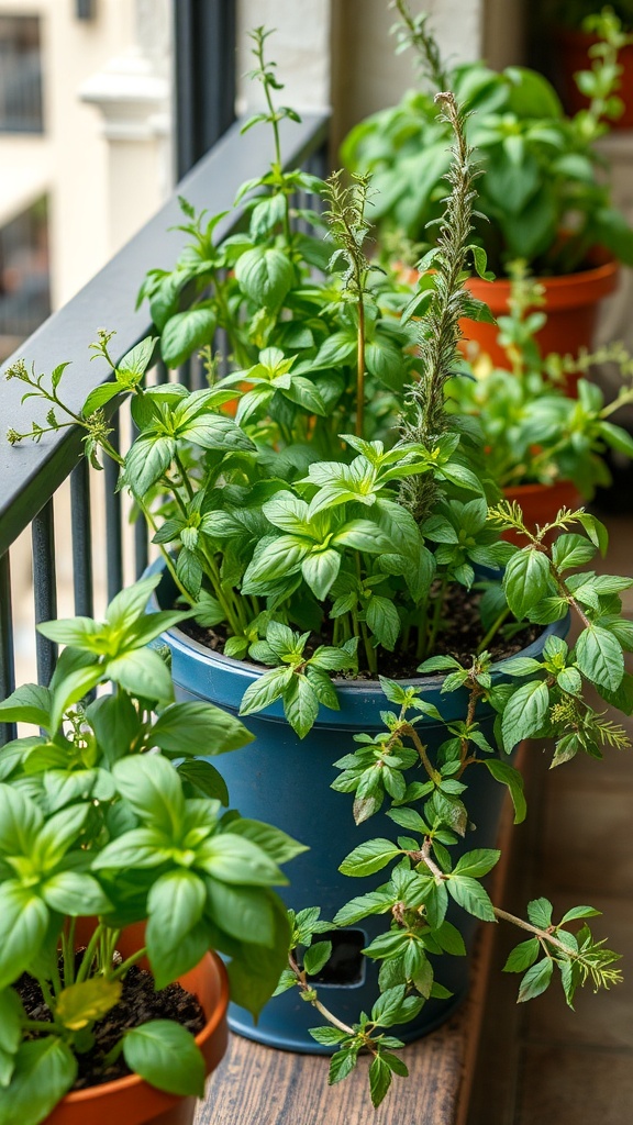 A small balcony garden with various herbs in pots, showcasing vibrant green leaves.