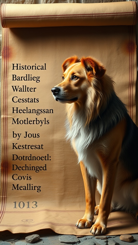 A dog sitting next to a scroll with historical names for male dogs.
