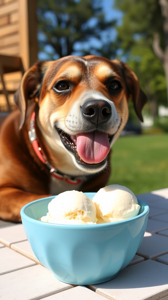 A happy dog enjoying homemade ice cream from a bowl.