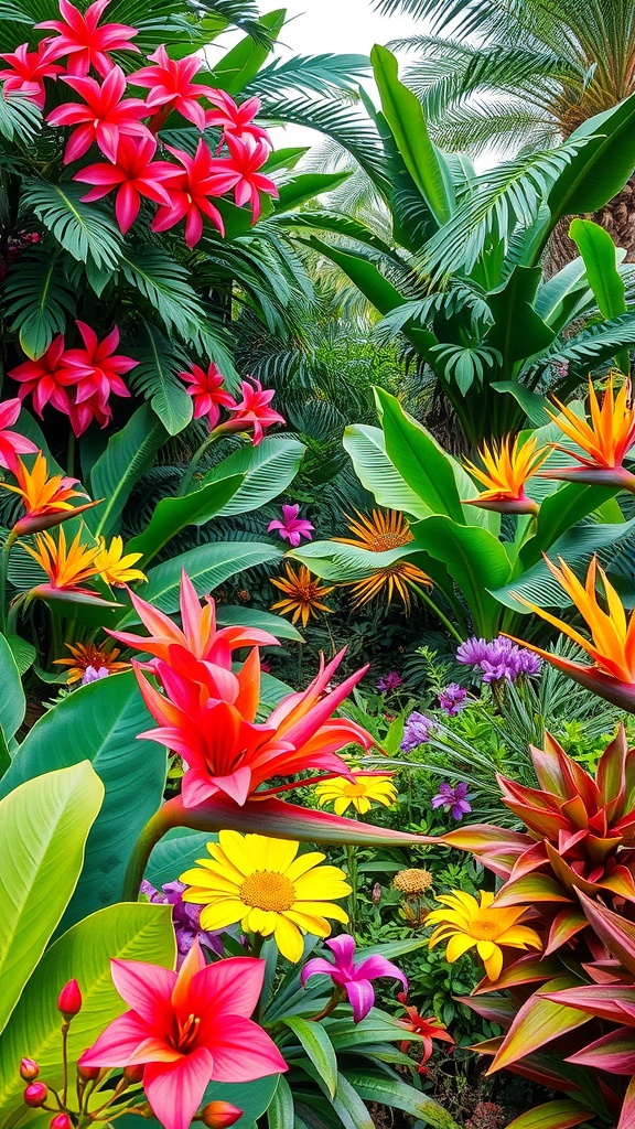 A vibrant tropical garden filled with colorful flowers and lush green leaves.