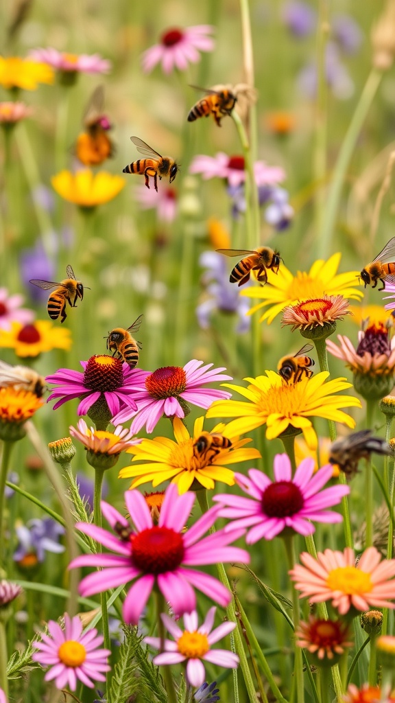 A vibrant wildflower meadow with various flowers and bees pollinating.