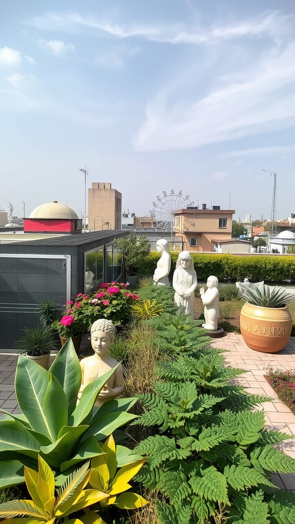 A rooftop garden featuring sculptures, plants, and flowers, creating a serene and artistic atmosphere.