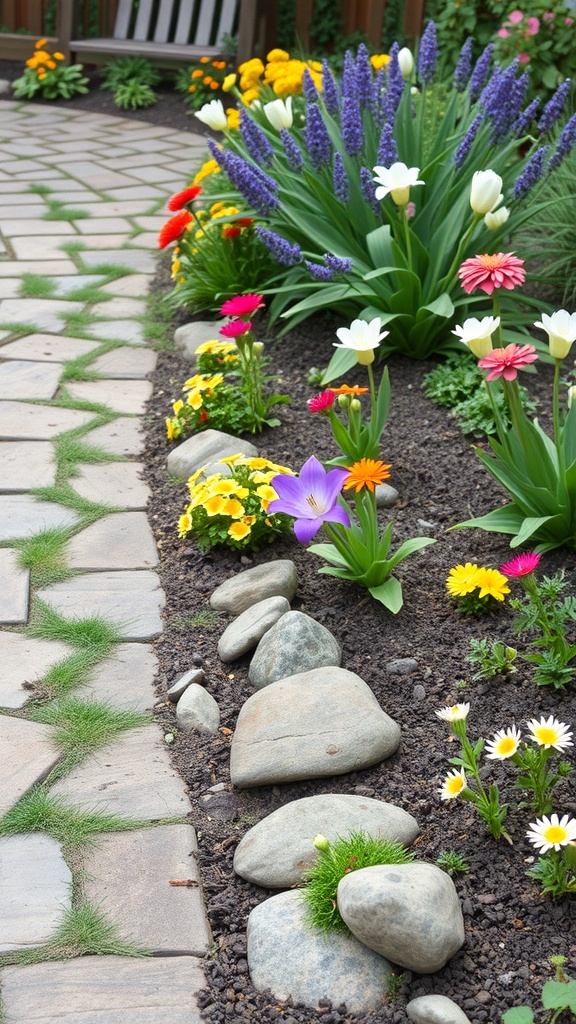 A stone pathway bordered by colorful flowers and pebbles in a garden setting.