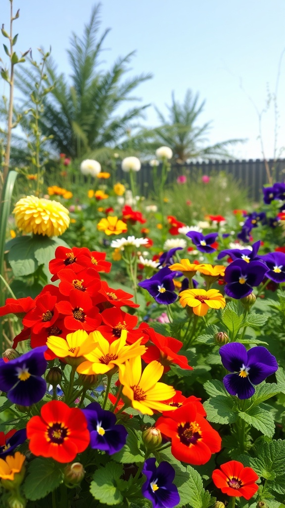 A colorful garden filled with various edible flowers like nasturtiums and pansies.